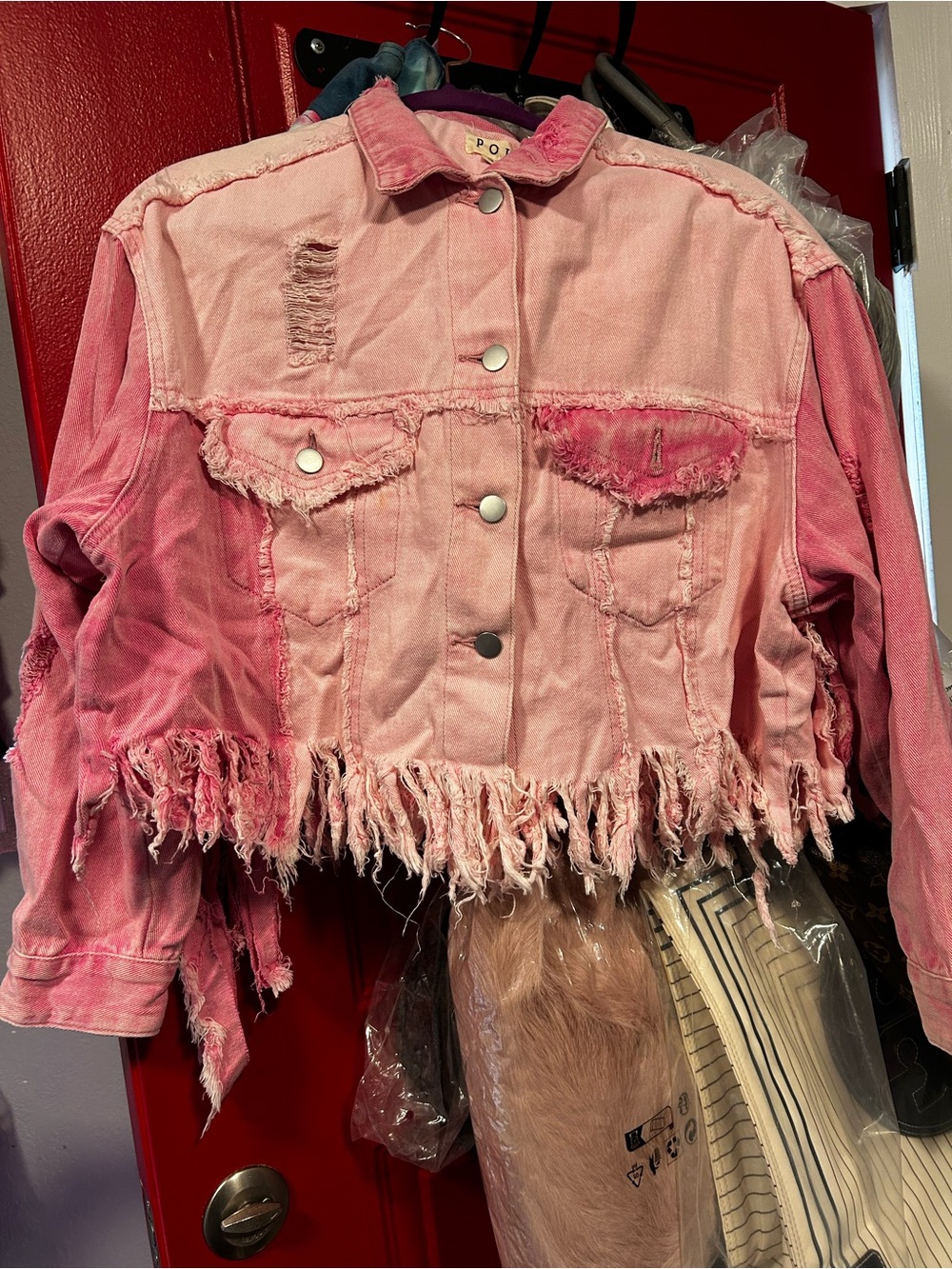 POL Pink Distressed Cropped Denim Jacket